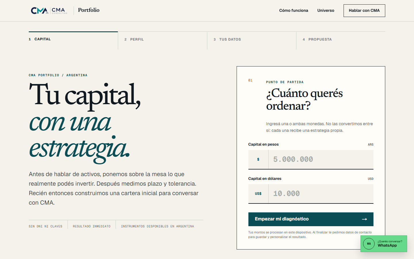 Captura de CMA Portfolio, herramienta de perfil inversor